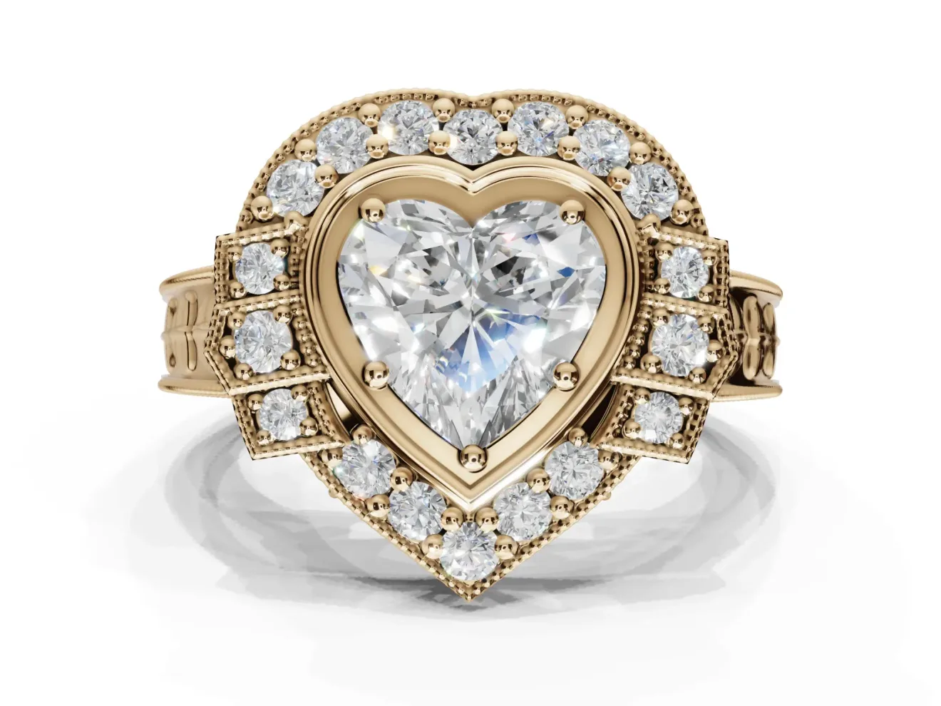 Heart-Shaped Vintage Halo Engagement Ring Setting | Art Deco Side Panels | Yellow Gold