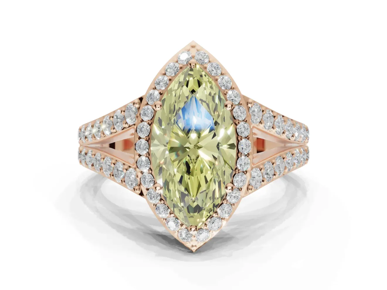 Marquise Halo Pavé Engagement Ring Setting for a Fancy Yellow Lab-Grown Diamond | Narrow Split Shank | Rose Gold