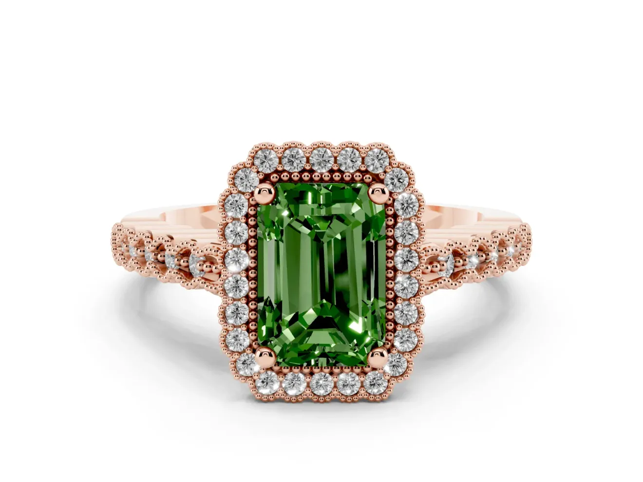 Radiant Cut Milgrain Halo Engagement Ring Setting for a Fancy Green Lab-Grown Diamond | Beaded Shoulders | Rose Gold