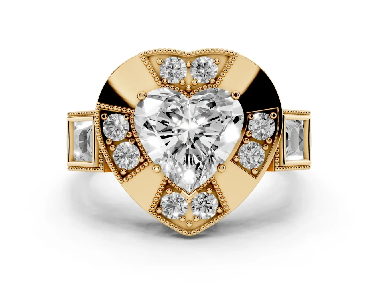 Heart Cut Diamond Milgrain Halo Ring Set in Yellow gold with Split Shank