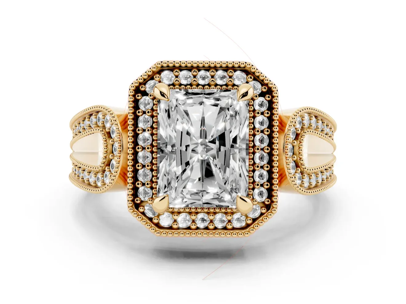 Radiant Cut Vintage Milgrain Halo Engagement Ring Setting | Open Loop Pave Shoulders | Yellow Gold