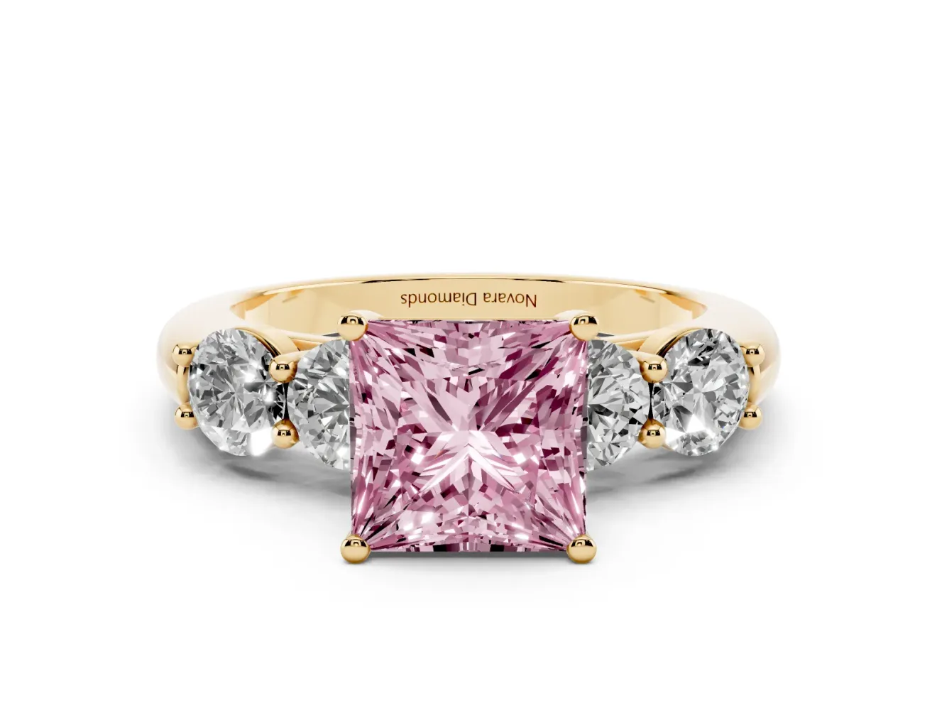 Princess Cut Five Stone Engagement Ring Setting for a Fancy Pink Lab-Grown Diamond | Prong Set Side Stones | Yellow Gold