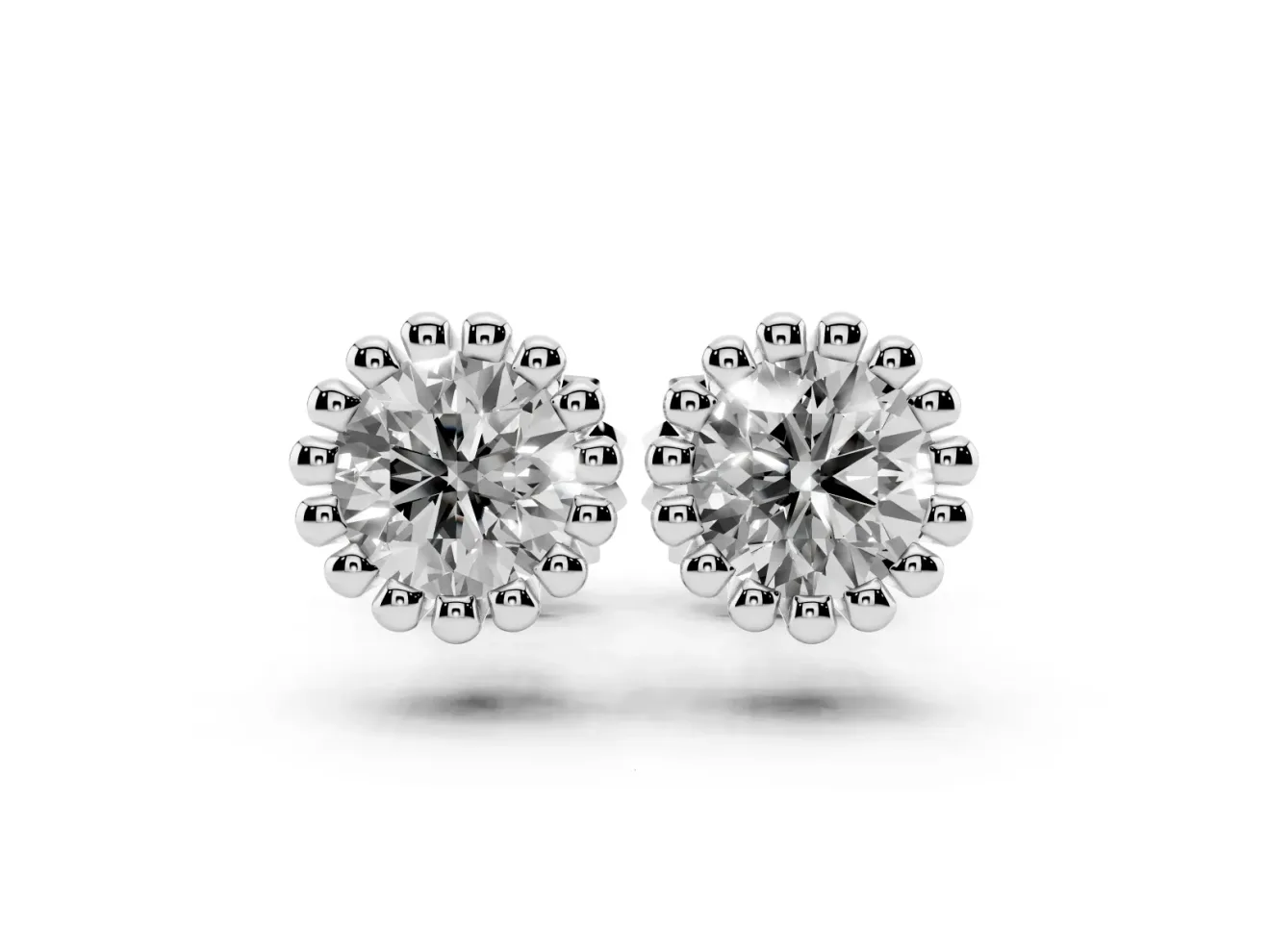 Round Lab-Grown Diamond Scalloped Solitaire Stud Earrings | Beaded Crown Head | White Gold