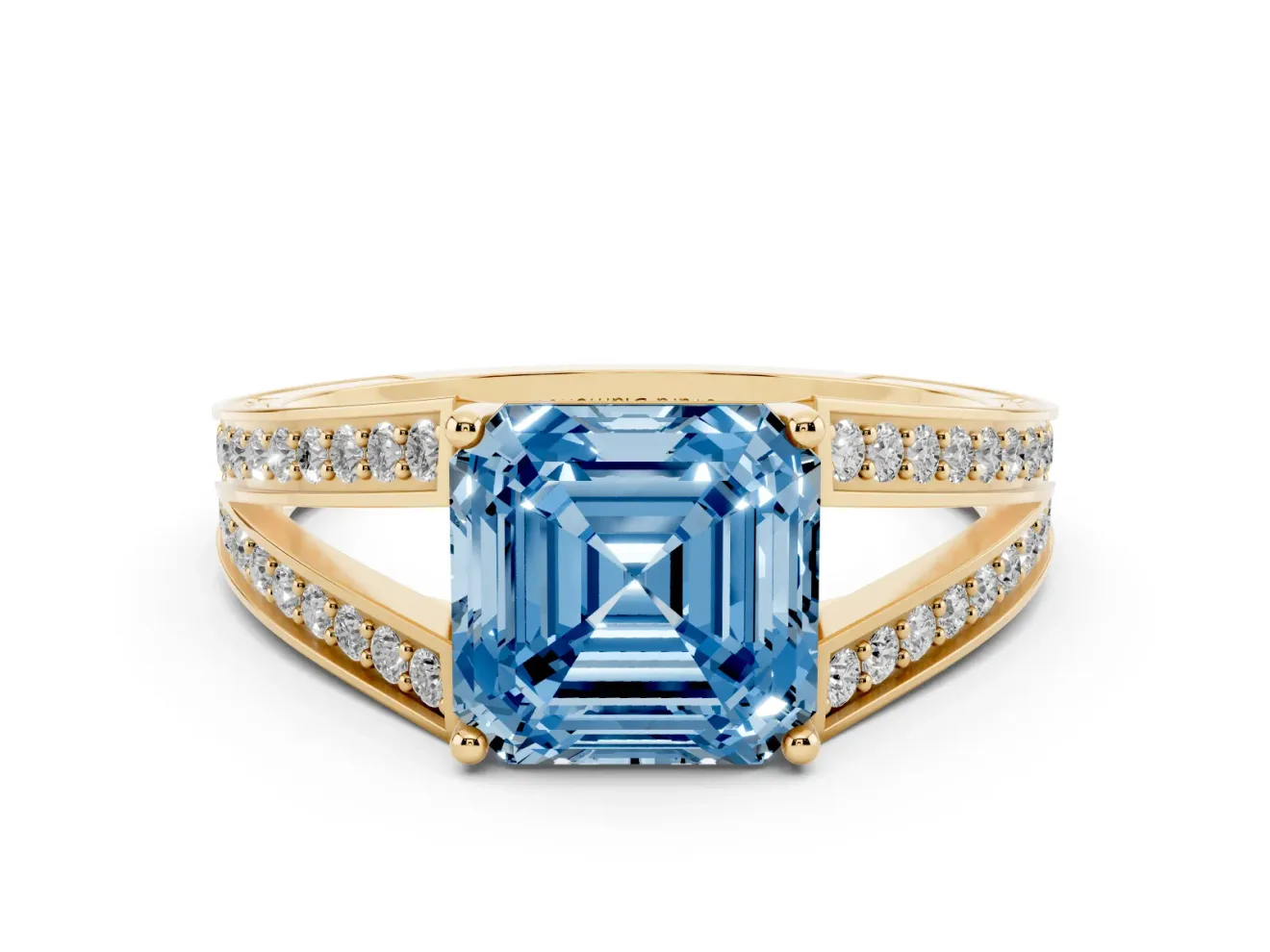 Asscher Cut Split Shank Pavé Engagement Ring Setting for a Fancy Blue Lab-Grown Diamond | Yellow Gold