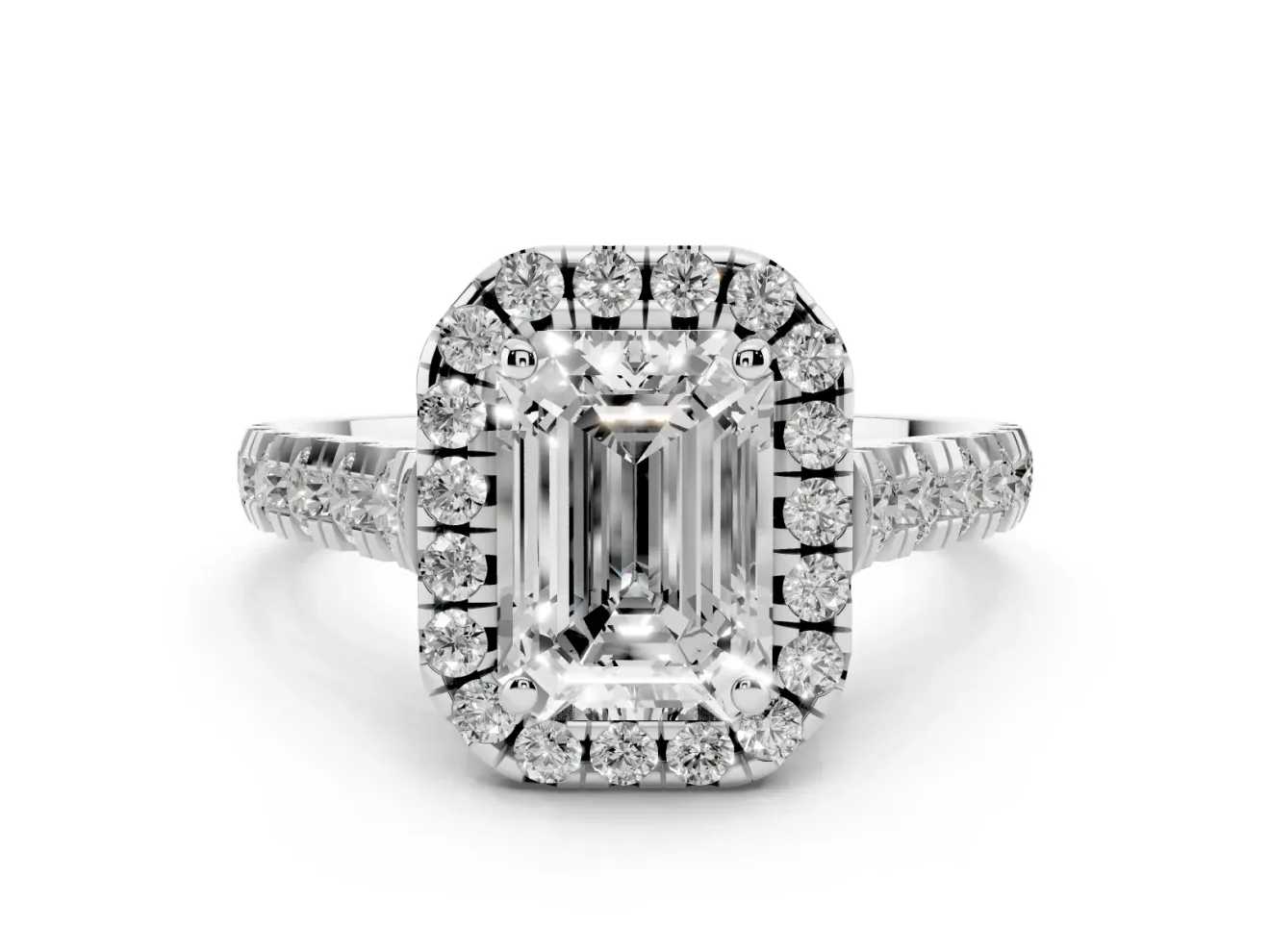 Emerald Cut Halo Engagement Ring Setting | Shared Prong Shoulders | Sterling Silver