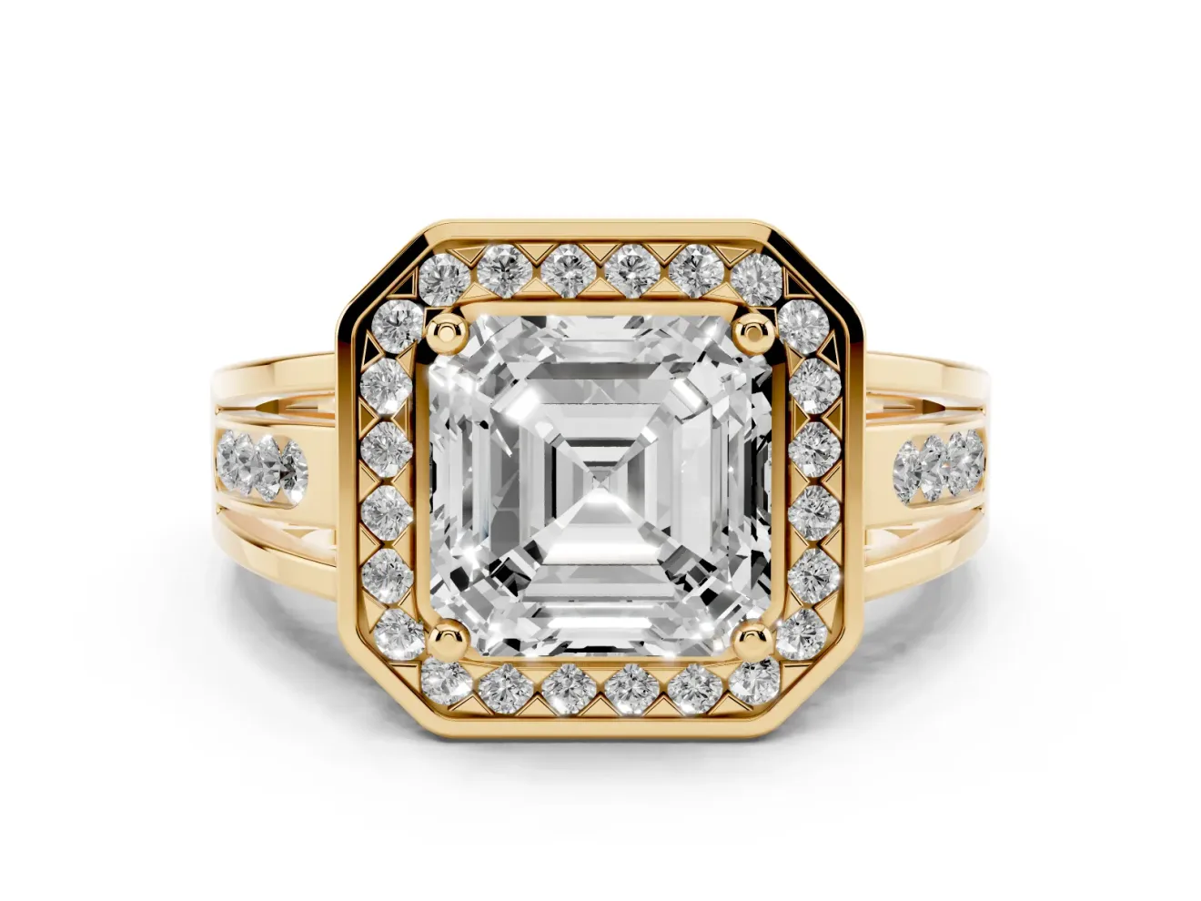 Asscher Cut Vintage Halo Engagement Ring Setting | Channel-Set Split Shank | Yellow Gold