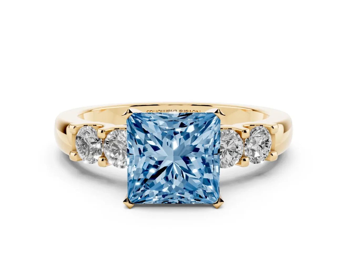 Fancy Blue Princess Cut Diamond Five-Stone Prong Set Engagement Ring Set in Yellow gold with Channel Band