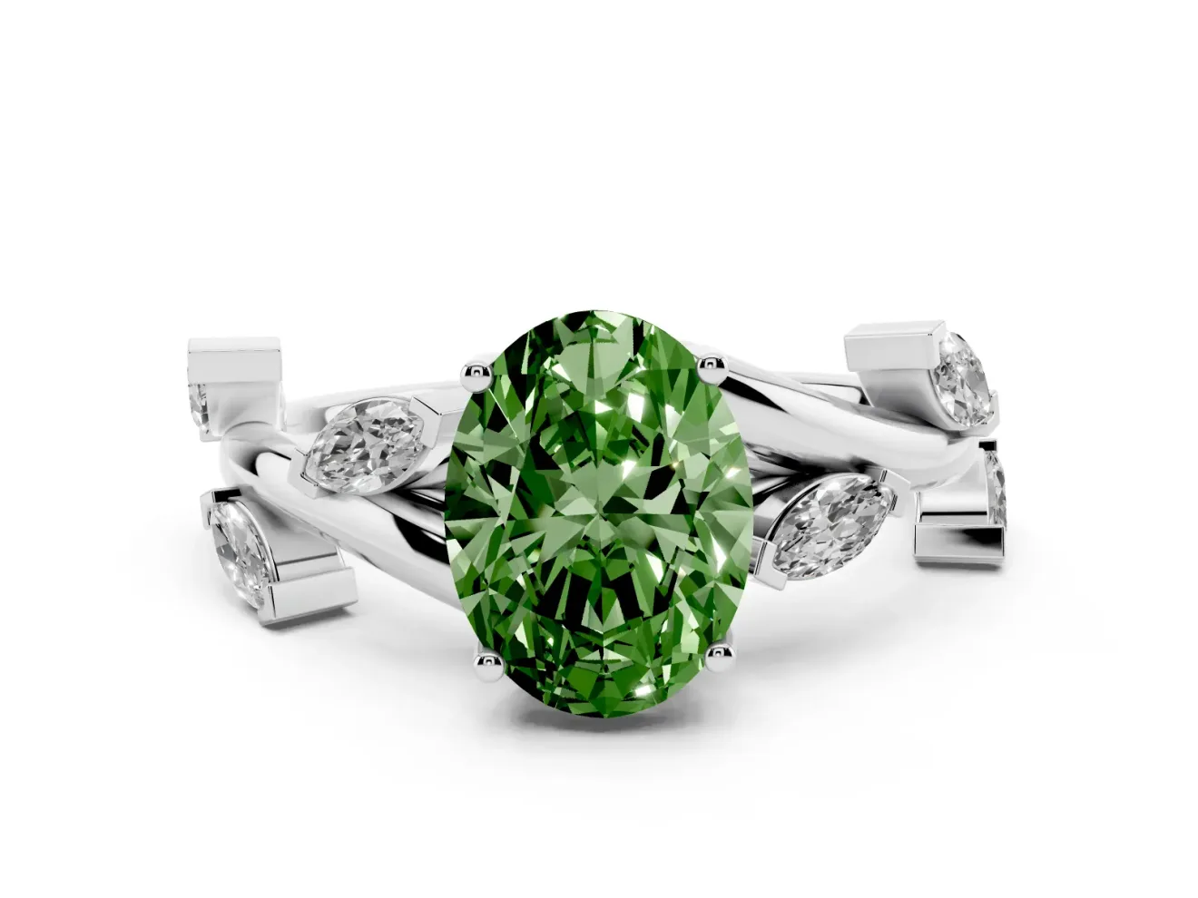 Fancy Green Oval Cut Diamond Solitaire Ring Set in Silver with Twisted Marquise Accent Band