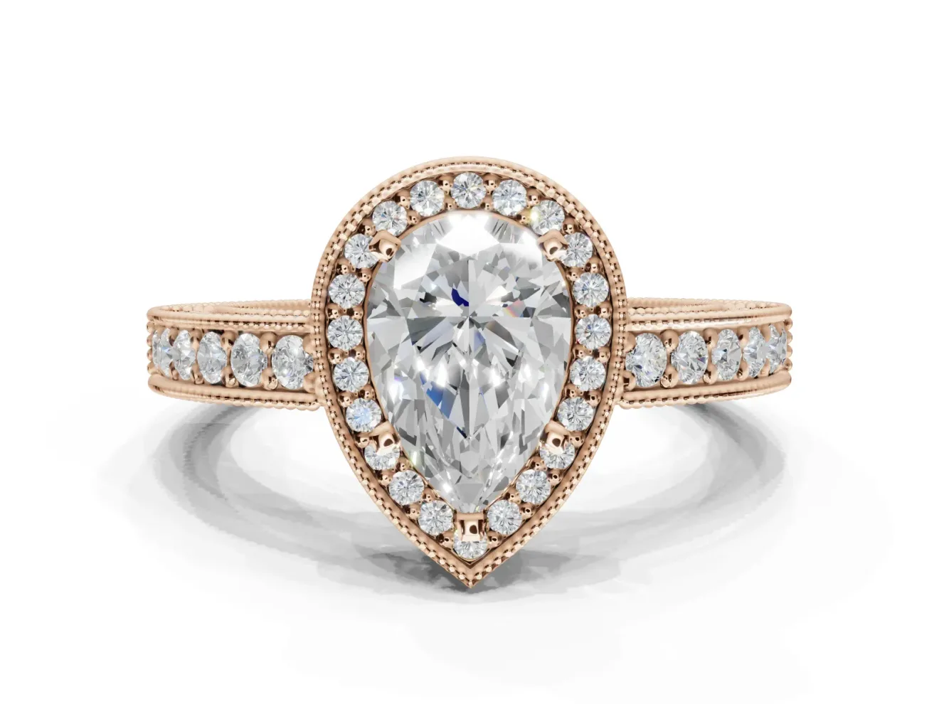 Pear-Shaped Vintage Milgrain Halo Engagement Ring Setting | Wide Pavé Band | Rose Gold