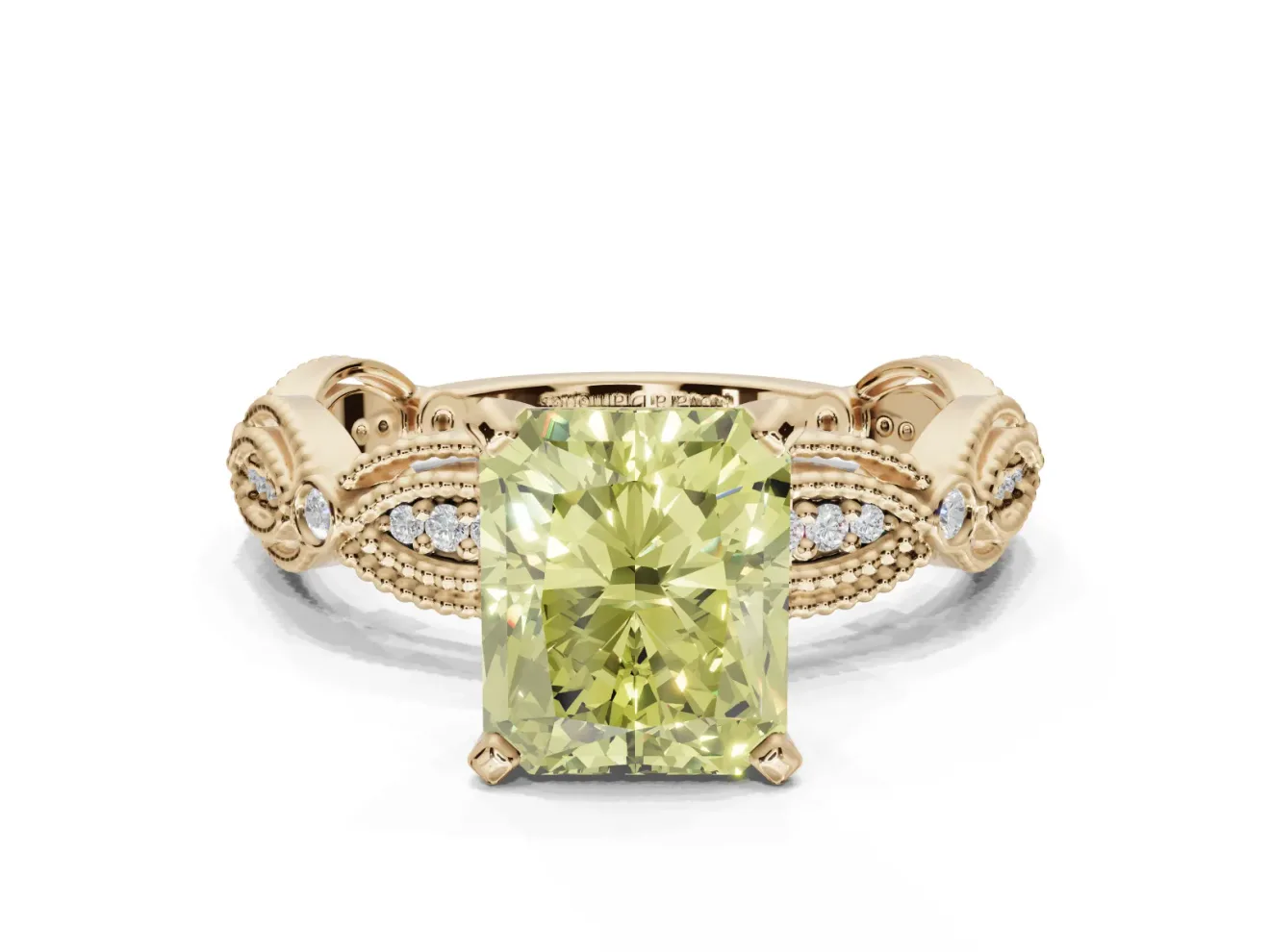 Radiant Cut Vintage Engagement Ring Setting for a Fancy Yellow Lab-Grown Diamond | Graduated Stations | Yellow Gold