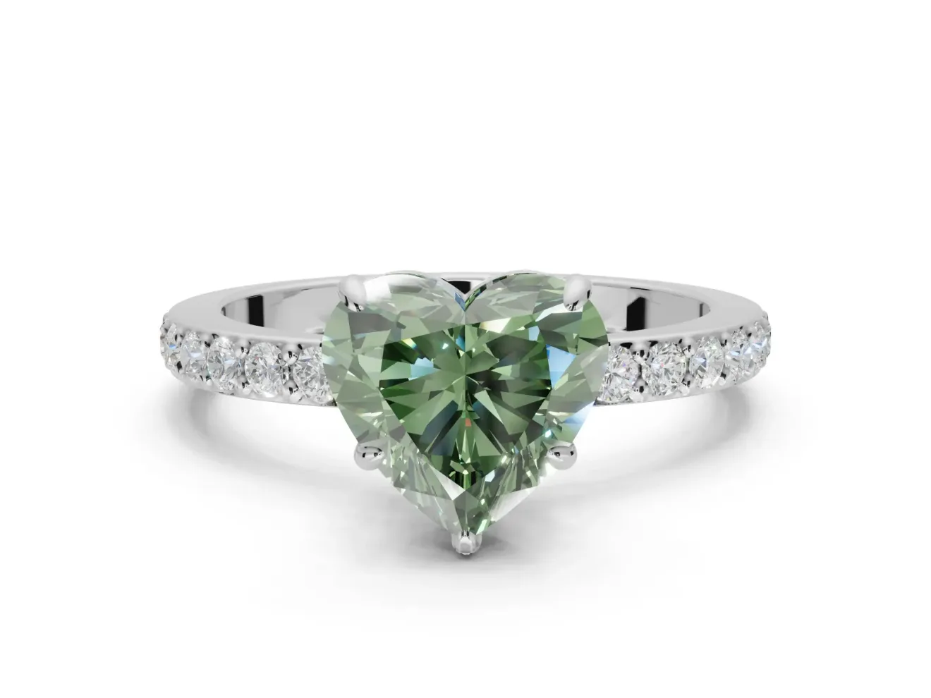 Heart-Shaped Hidden Halo Engagement Ring Setting for a Fancy Green Lab-Grown Diamond | Pavé Band | White Gold