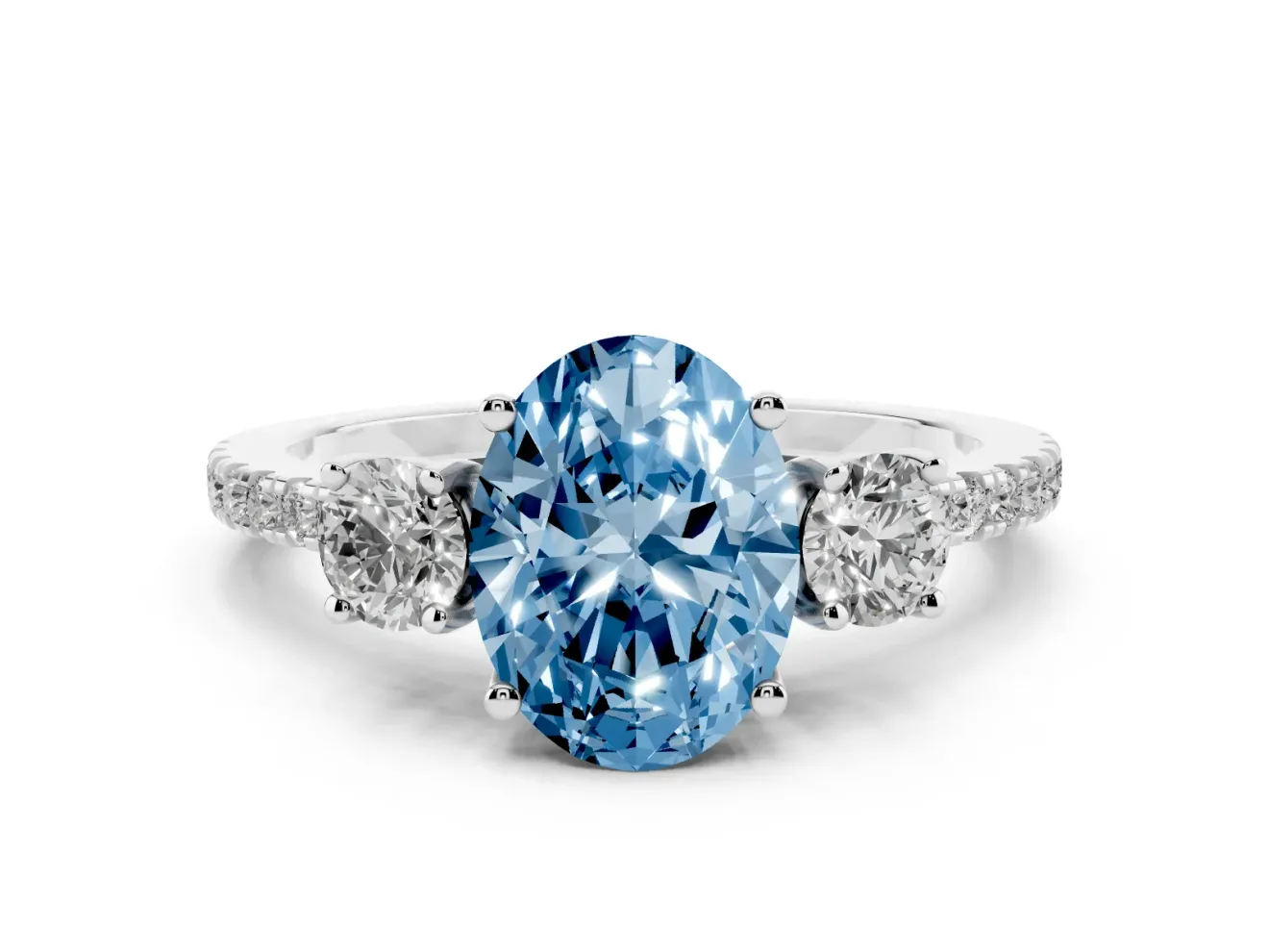 Oval Three Stone Engagement Ring Setting for a Fancy Blue Lab-Grown Diamond | Pave Shoulders | Platinum