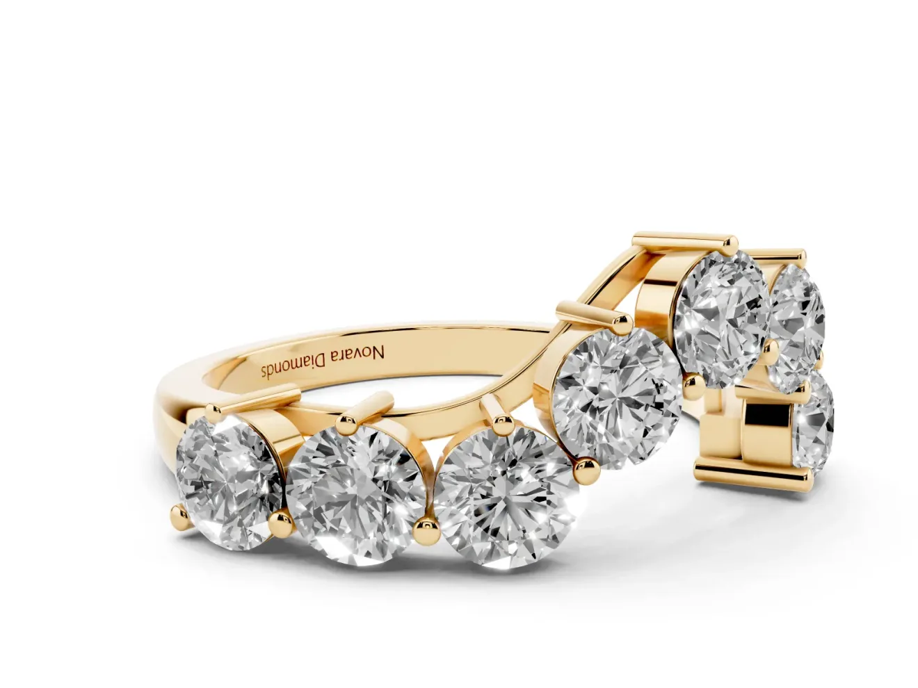 Round Diamond Curved Cluster Band Set in Yellow gold with Split Shank and Prong Setting