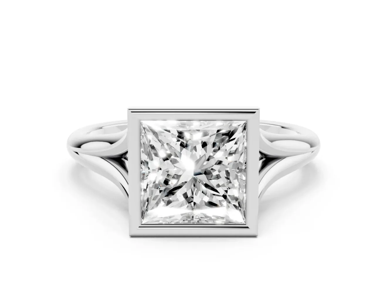 Princess Cut Bezel Solitaire Engagement Ring Setting | V Split Shank | White Gold