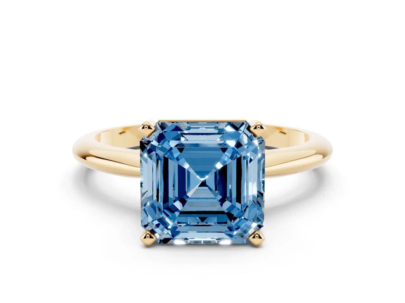 Fancy Blue Asscher Cut Diamond Solitaire Ring Set in Yellow gold with Prong Setting on a Plain Round Band