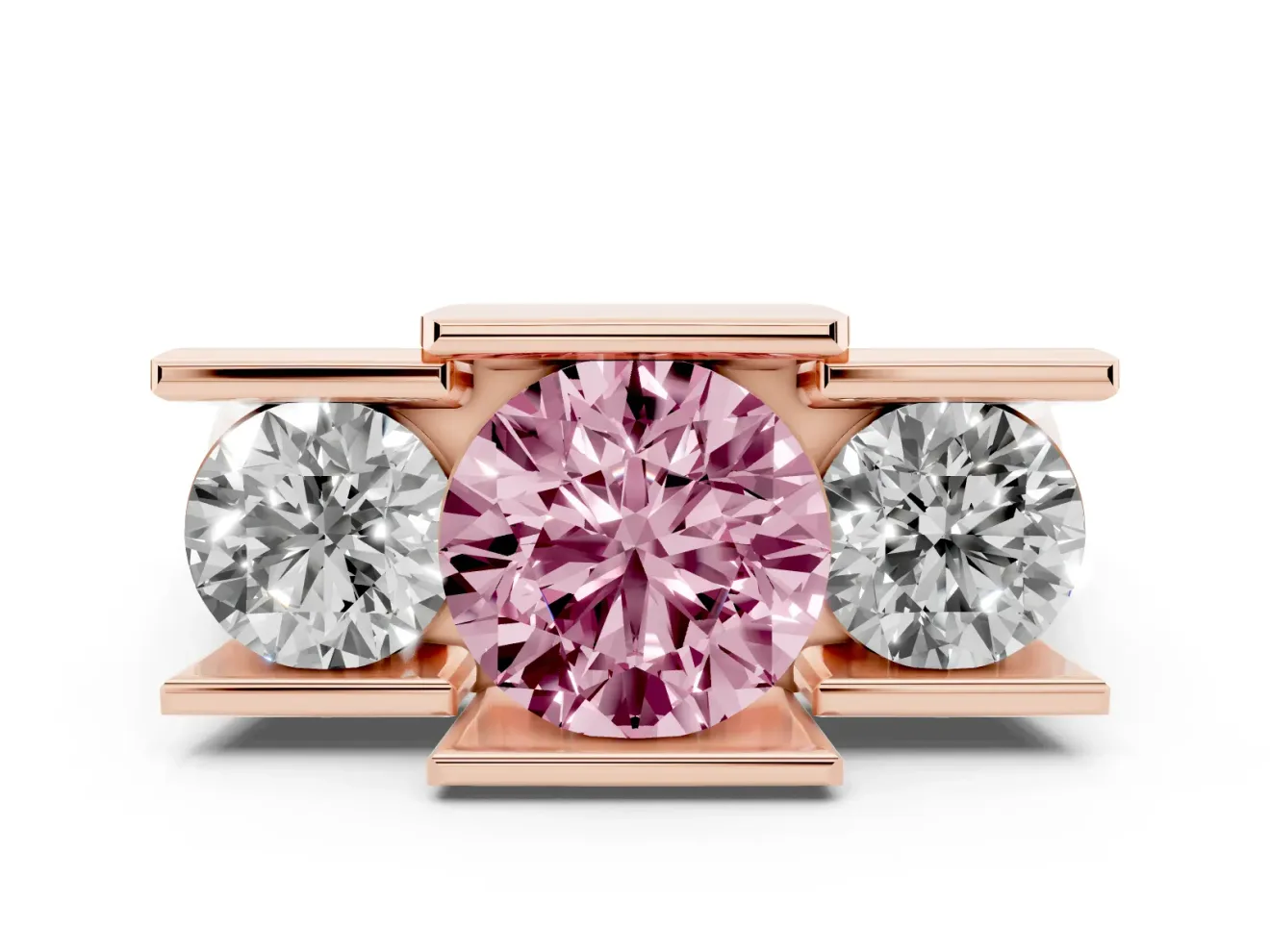 Round Channel-Set Three Stone Engagement Ring Setting for a Fancy Pink Lab-Grown Diamond | Rose Gold