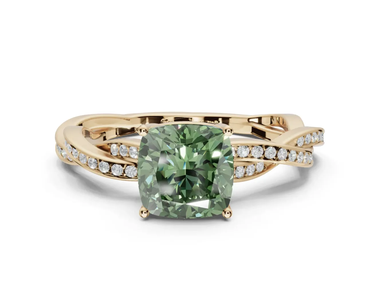 Cushion Cut Twisted Pavé Solitaire Engagement Ring Setting for a Fancy Green Lab-Grown Diamond | Yellow Gold