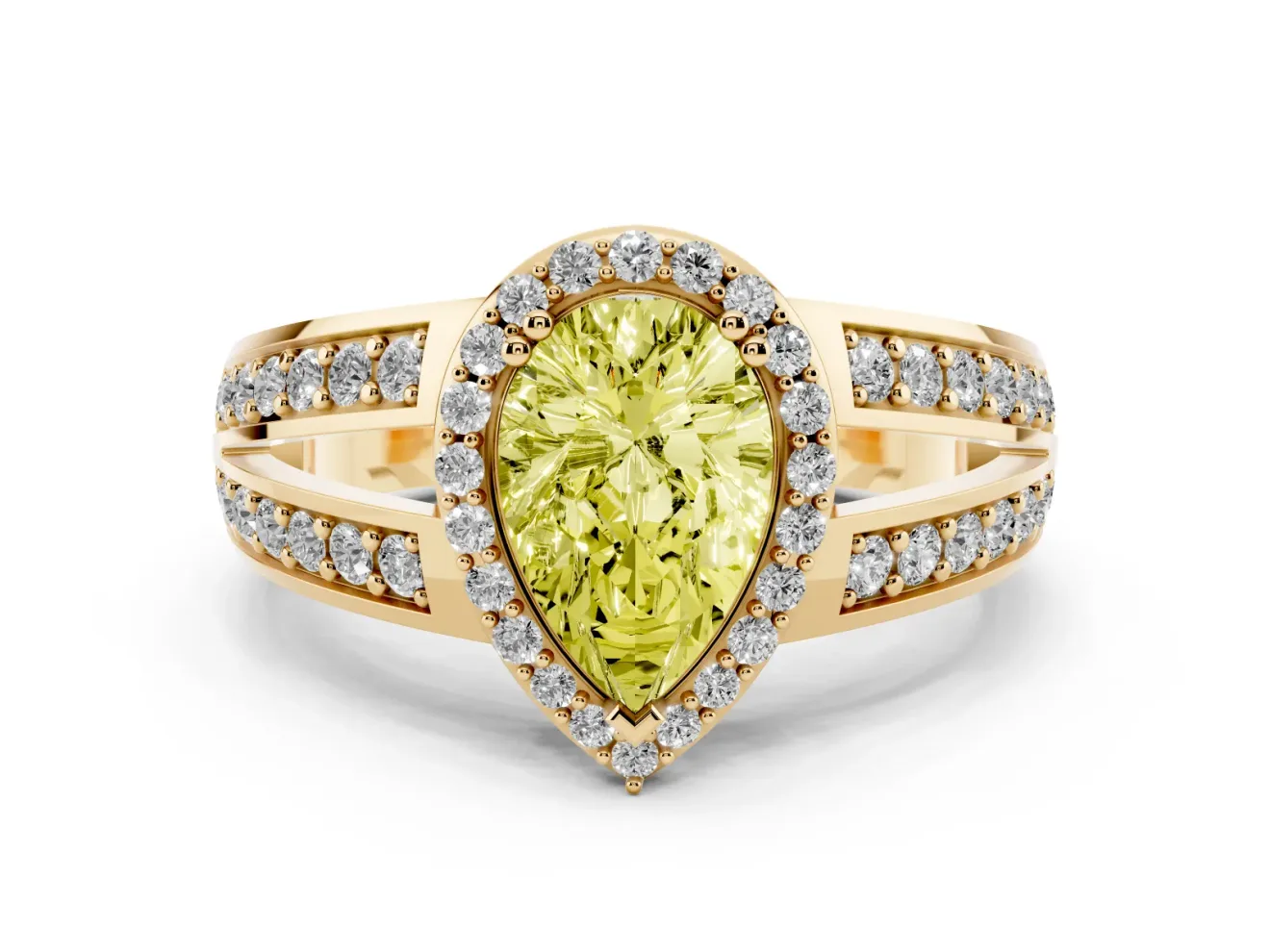 Pear-Shaped Halo Engagement Ring Setting for a Fancy Yellow Lab-Grown Diamond | Two-Row Pave Split Shank | Yellow Gold