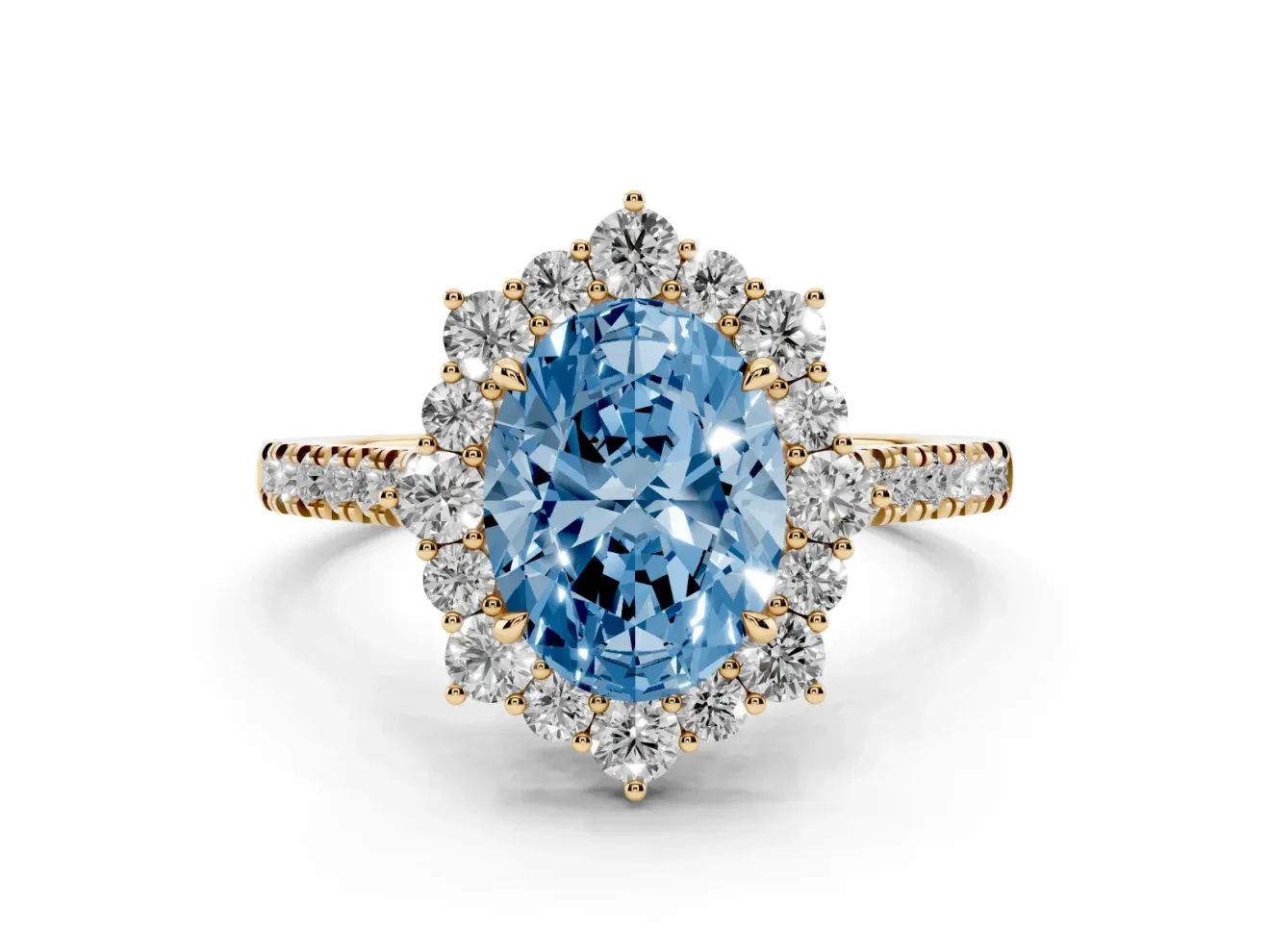 Oval Scalloped Halo Engagement Ring Setting for a Fancy Blue Lab-Grown Diamond | Single Row Pave | Yellow Gold