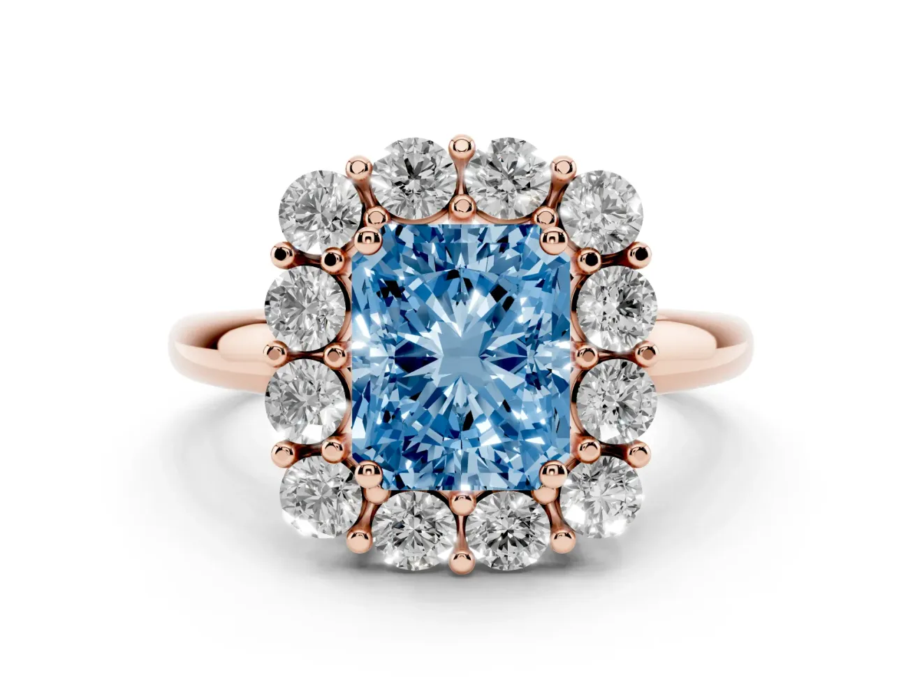 Radiant Cut Cluster Halo Engagement Ring Setting for a Fancy Blue Lab-Grown Diamond | Large Round Accents | Rose Gold