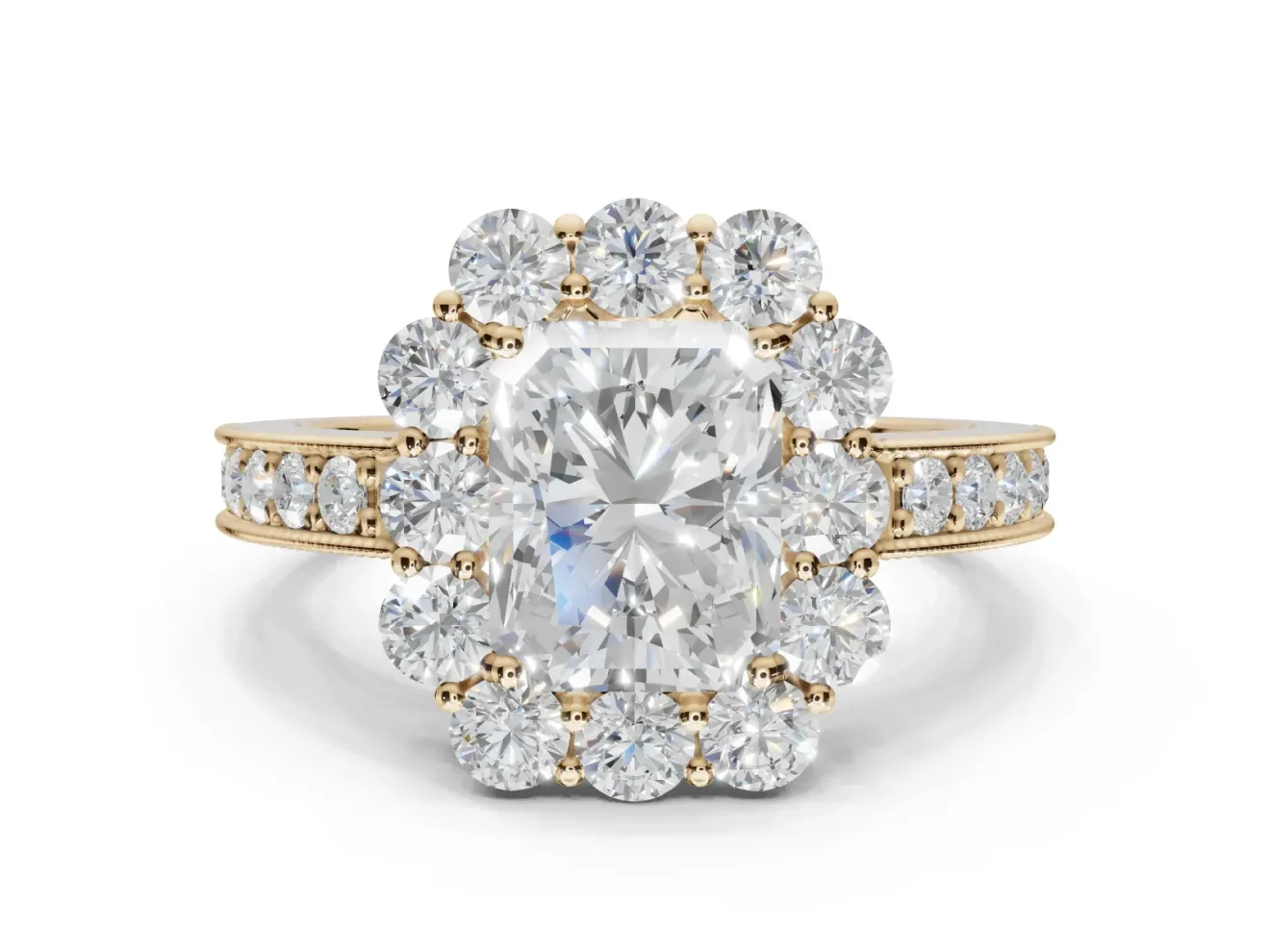 Radiant Cut Vintage Halo Engagement Ring Setting | Milgrain Channel Band | Yellow Gold