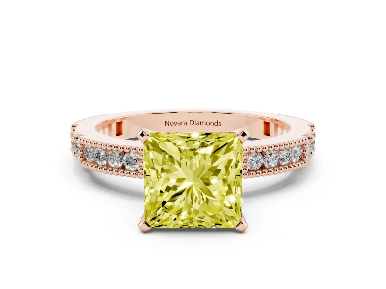 Fancy Yellow Princess Cut Diamond Solitaire Ring Set in Rose gold with Slim Pavé Band and Prong Setting
