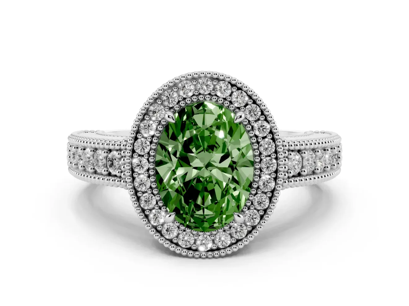 Fancy Green Oval Cut Diamond Halo Ring Set in Silver with Round Accent Halo, Pavé Band and Prong Setting