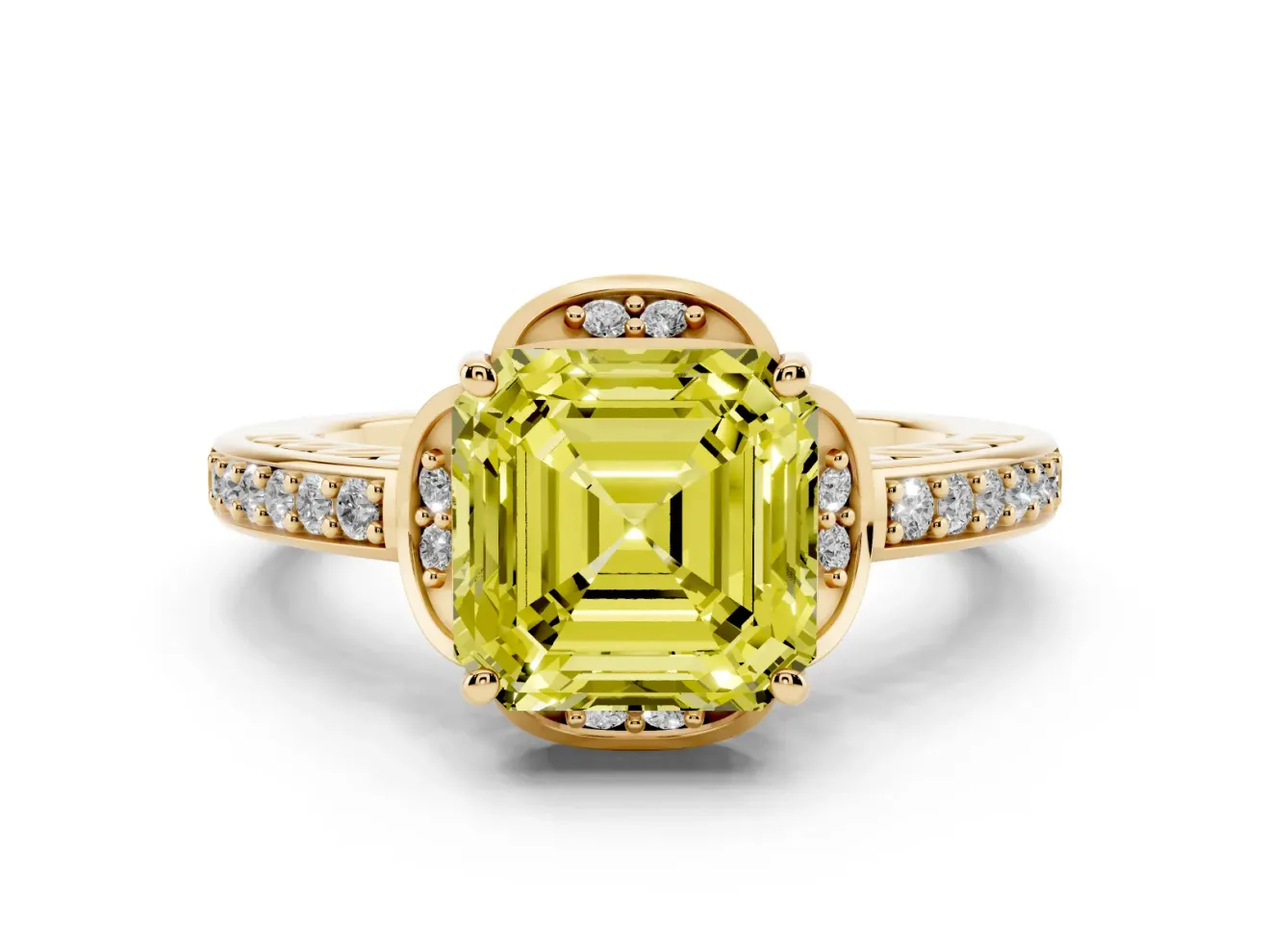 Asscher Cut Floral Pavé Engagement Ring Setting for a Fancy Yellow Lab-Grown Diamond | Yellow Gold