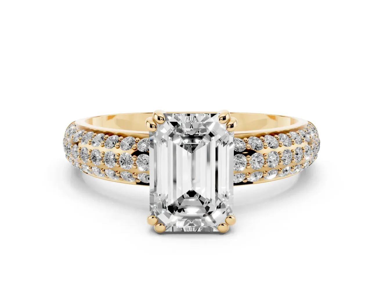 Emerald Cut Three Row Pave Solitaire Engagement Ring Setting | Double Claw Prongs | Yellow Gold