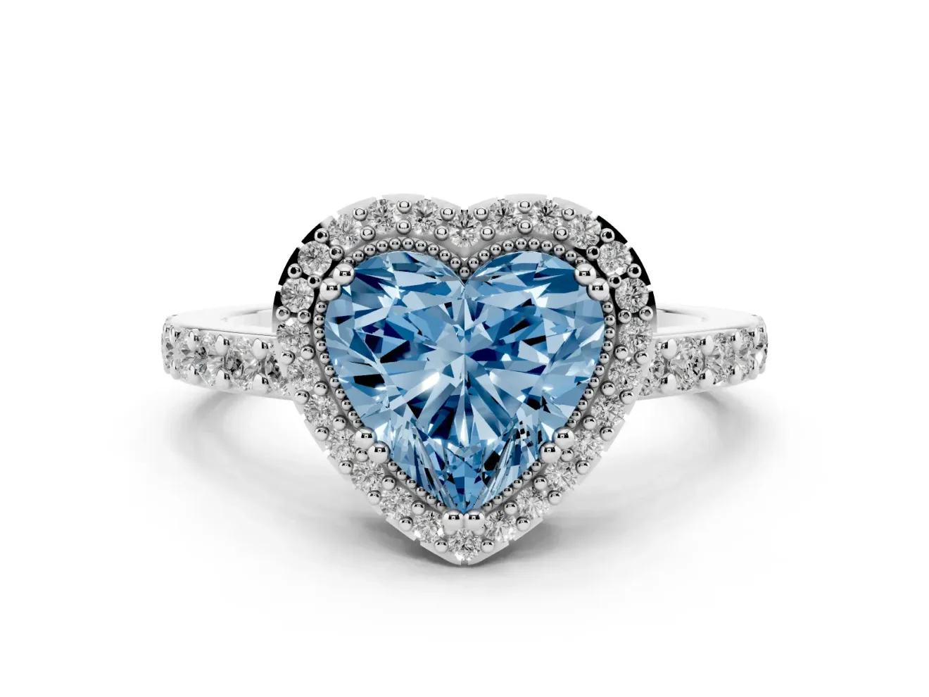Fancy Blue Heart Cut Diamond Halo Engagement Ring Set in Platinum with Milgrain Detail and Pavé Band