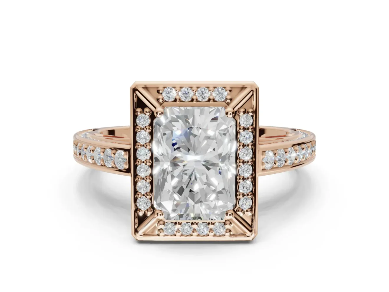 Radiant Cut Sectioned Halo Engagement Ring Setting | Pavé Gallery and Band | Rose Gold