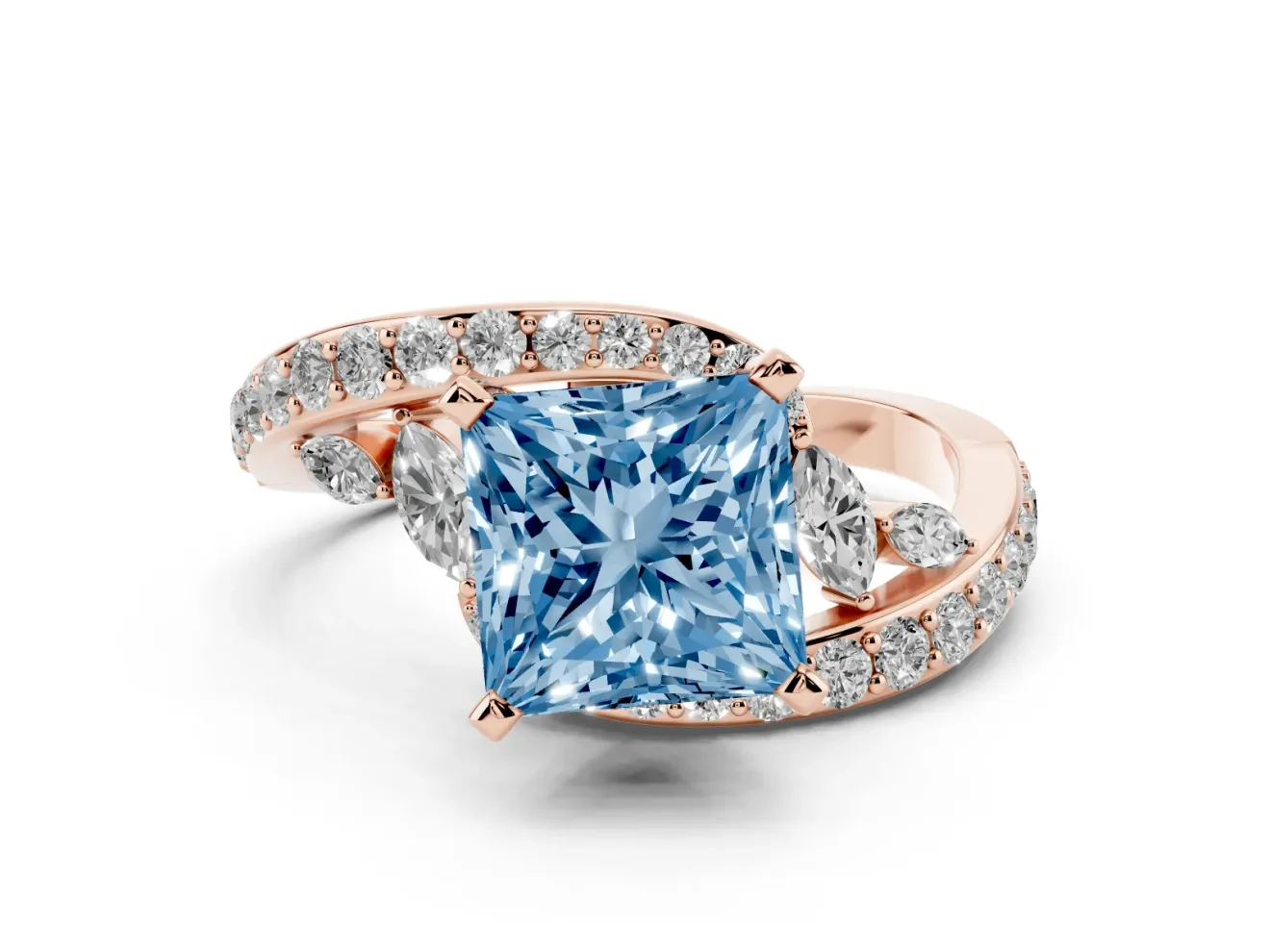 Fancy Blue Princess Cut Diamond Solitaire Ring Set in Rose gold with Pavé Twist Band and Secure Prong Setting