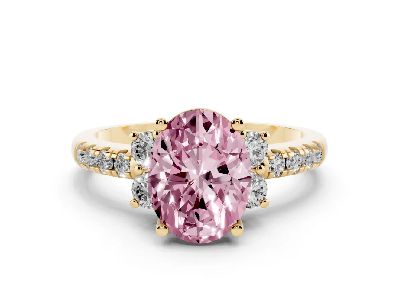 Oval Side Stone Engagement Ring Setting for a Fancy Pink Lab-Grown Diamond | Pave Band | Yellow Gold