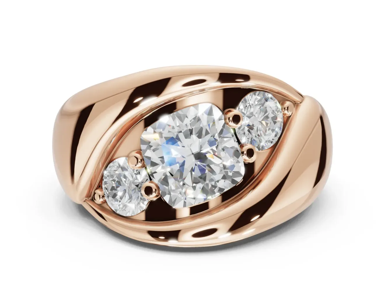 Cushion Cut Three Stone Bypass Engagement Ring Setting | Sculpted Crossover Band | Rose Gold
