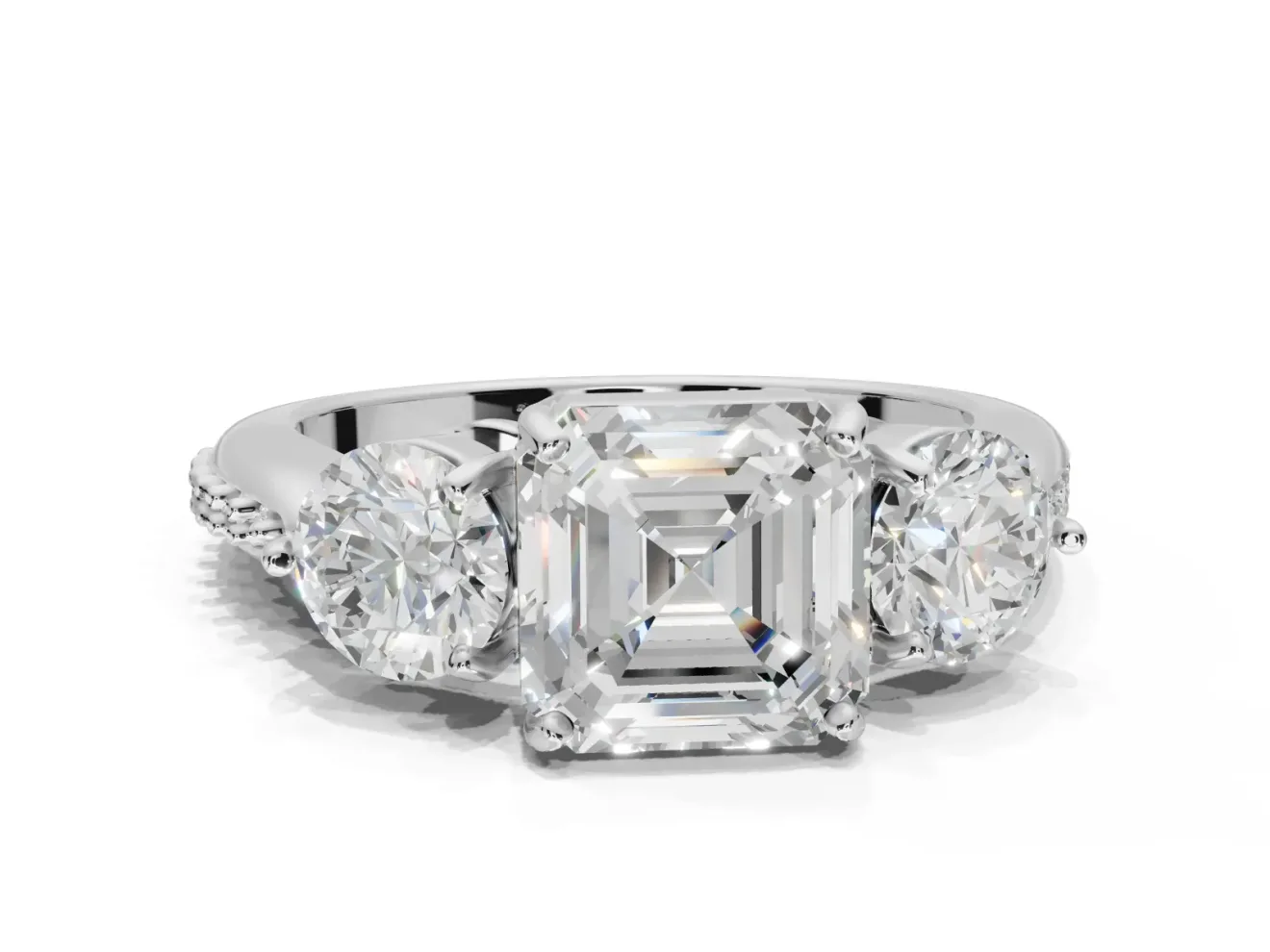 Asscher Cut Three Stone Engagement Ring Setting | Tapered Pave Band | Platinum