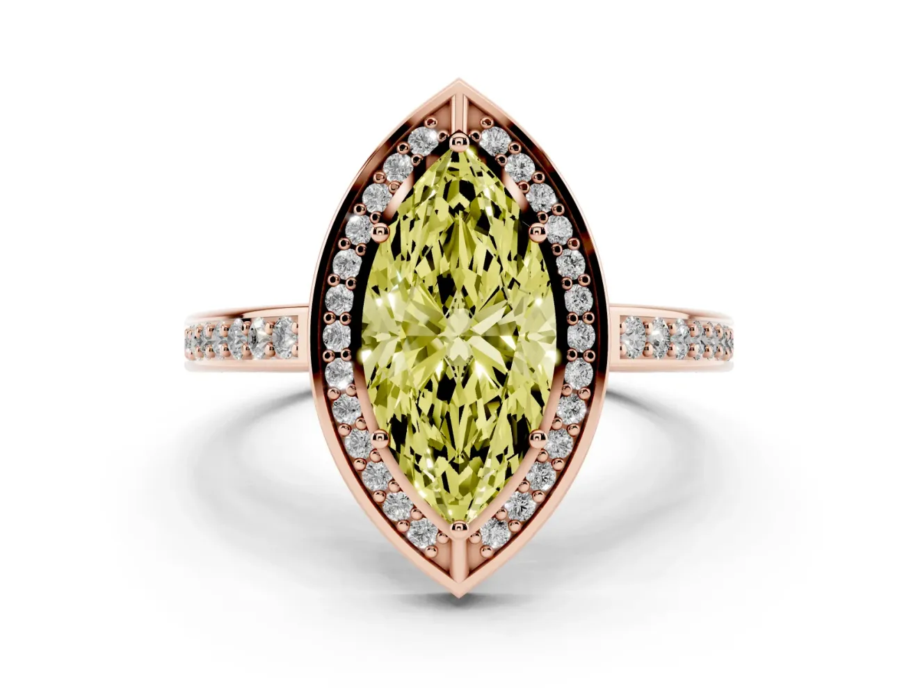 Fancy Yellow Marquise Cut Diamond Halo Pavé Split Shank Ring Set in Rose gold with Prong Setting