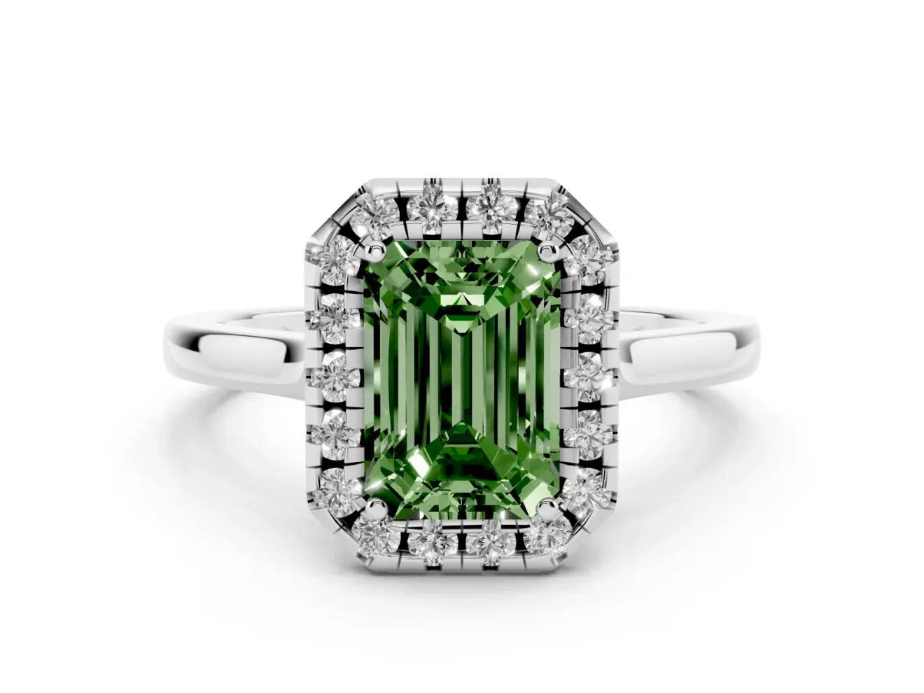 Fancy Green Emerald Cut Halo Round Diamond Solitaire Ring Set in Platinum with Pavé Band and Prong Setting
