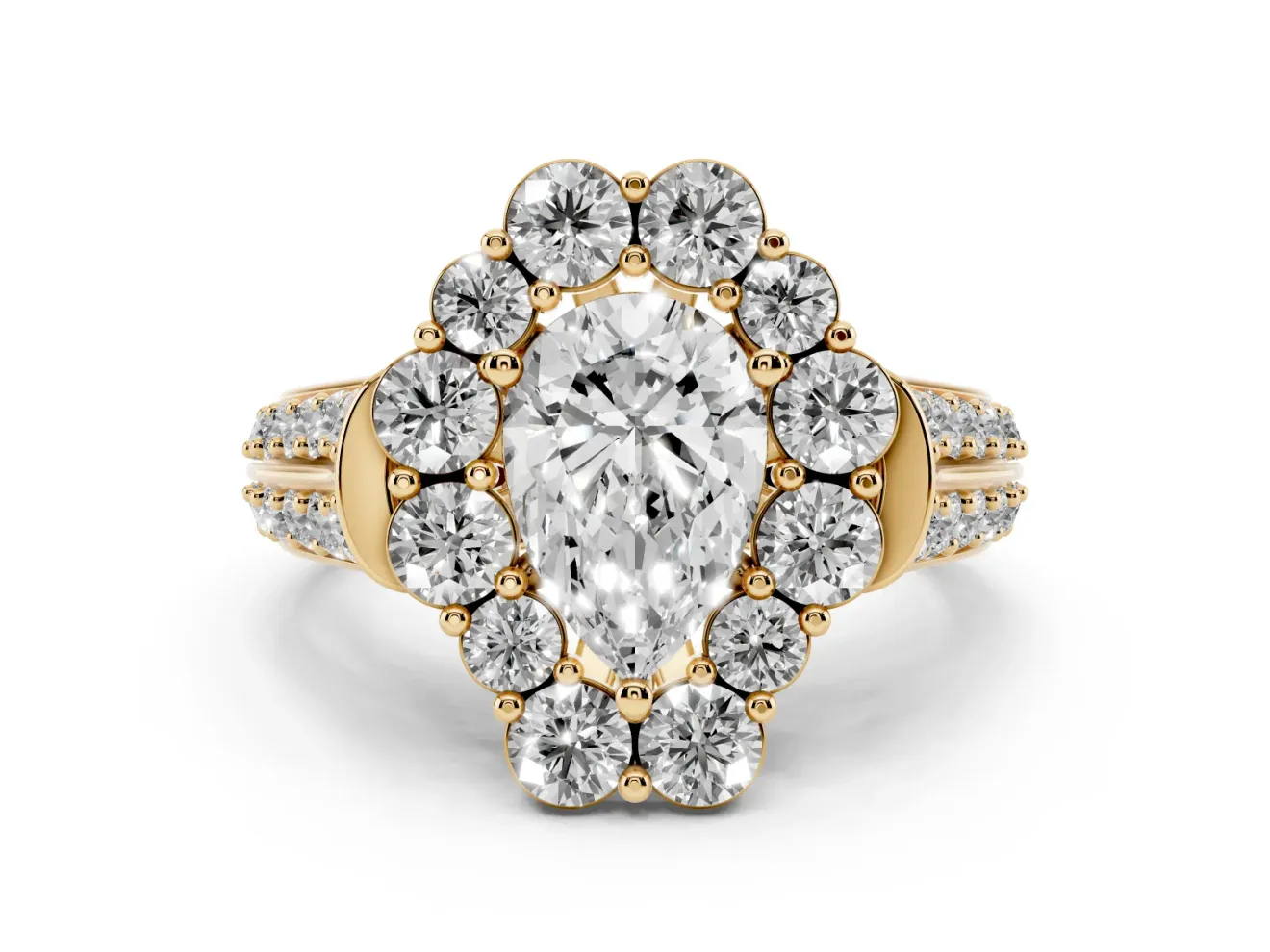 Pear-Shaped Large Accent Halo Engagement Ring Setting | Graduated Pavé | Yellow Gold