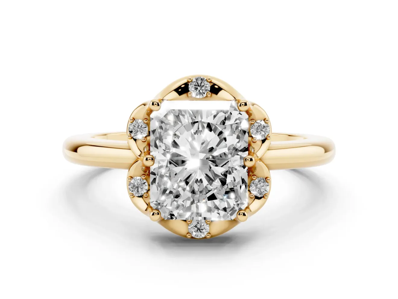 Radiant Cut Scalloped Petal Halo Engagement Ring Setting | Plain Band | Yellow Gold