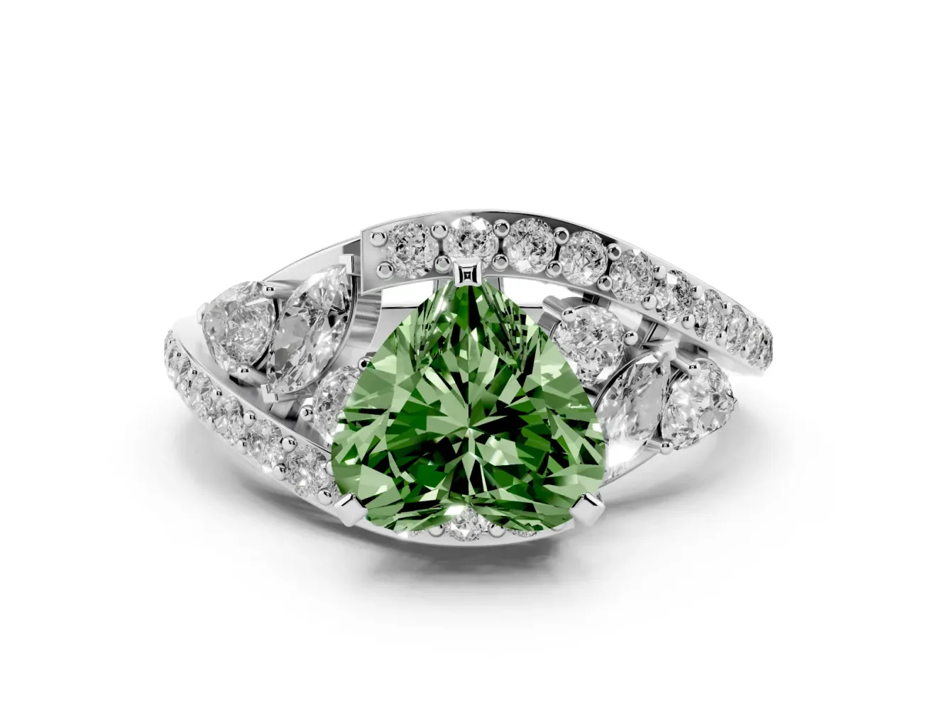 Fancy Green Heart Cut Diamond Halo Ring Set in White gold with Marquise and Pavé Band in Prong Setting