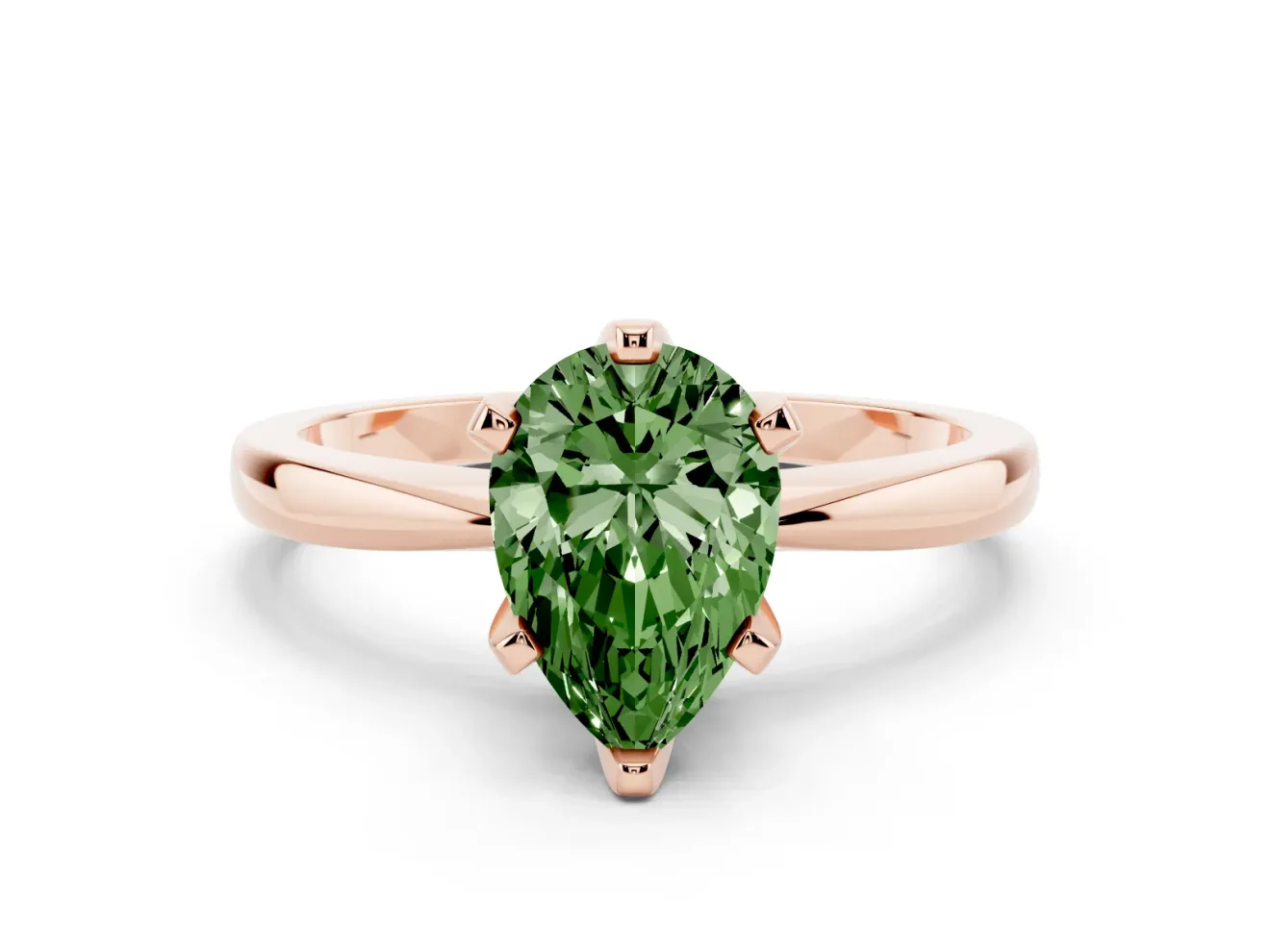 Fancy Green Pear Cut Diamond Solitaire Engagement Ring Set in Rose gold with Slim Tapered Solitaire Band