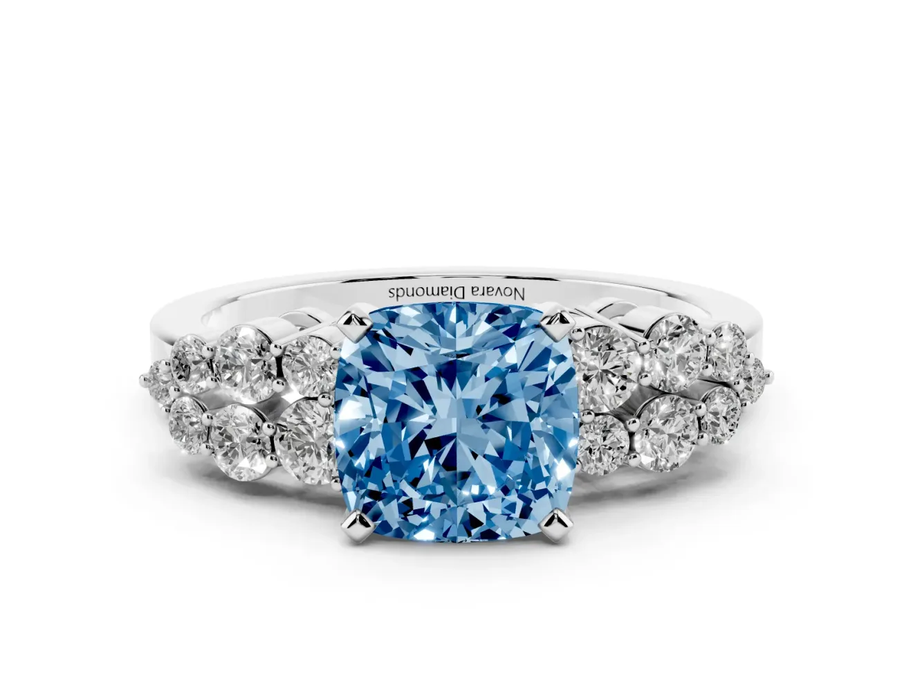 Fancy Blue Cushion Cut Diamond Cluster Engagement Ring Set in Silver with Pavé Band and Prong Setting