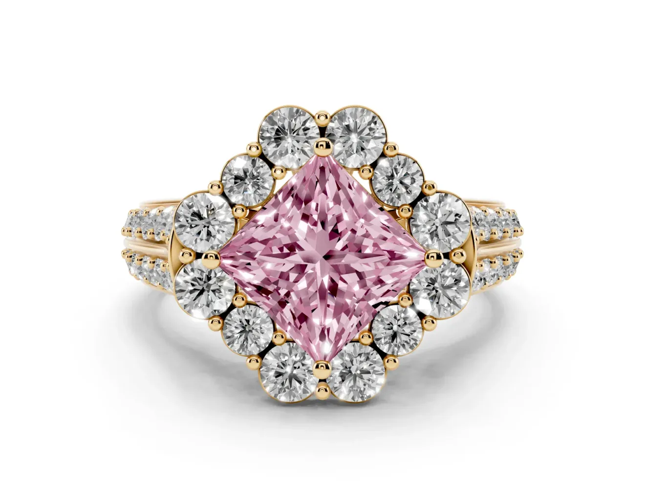 Princess Cut Large Accent Halo Engagement Ring Setting for a Fancy Pink Lab-Grown Diamond | Graduated Pavé | Yellow Gold