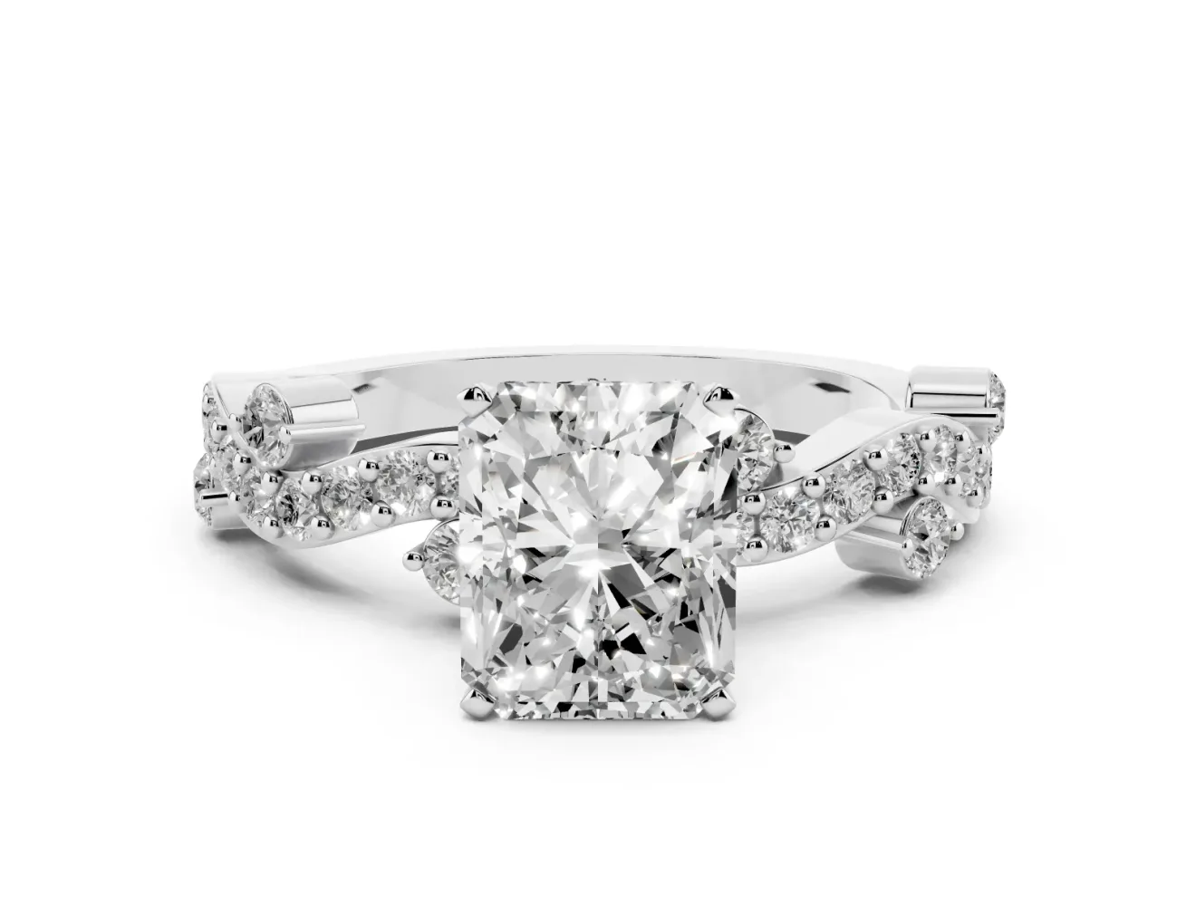 Radiant Cut Diamond Solitaire Twisted Band Set in White gold with Pavé Setting