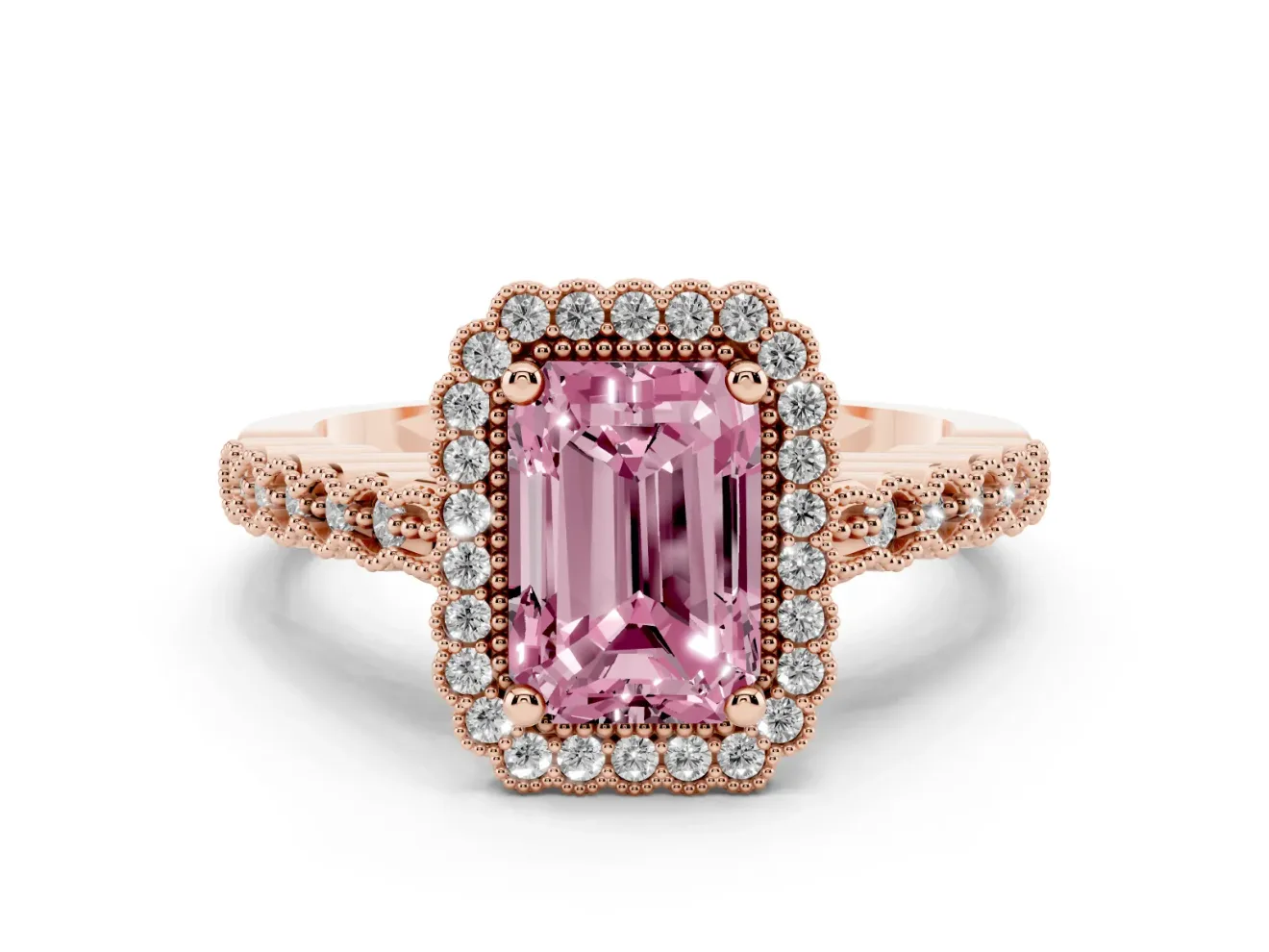 Radiant Cut Milgrain Halo Engagement Ring Setting for a Fancy Pink Lab-Grown Diamond | Beaded Shoulders | Rose Gold