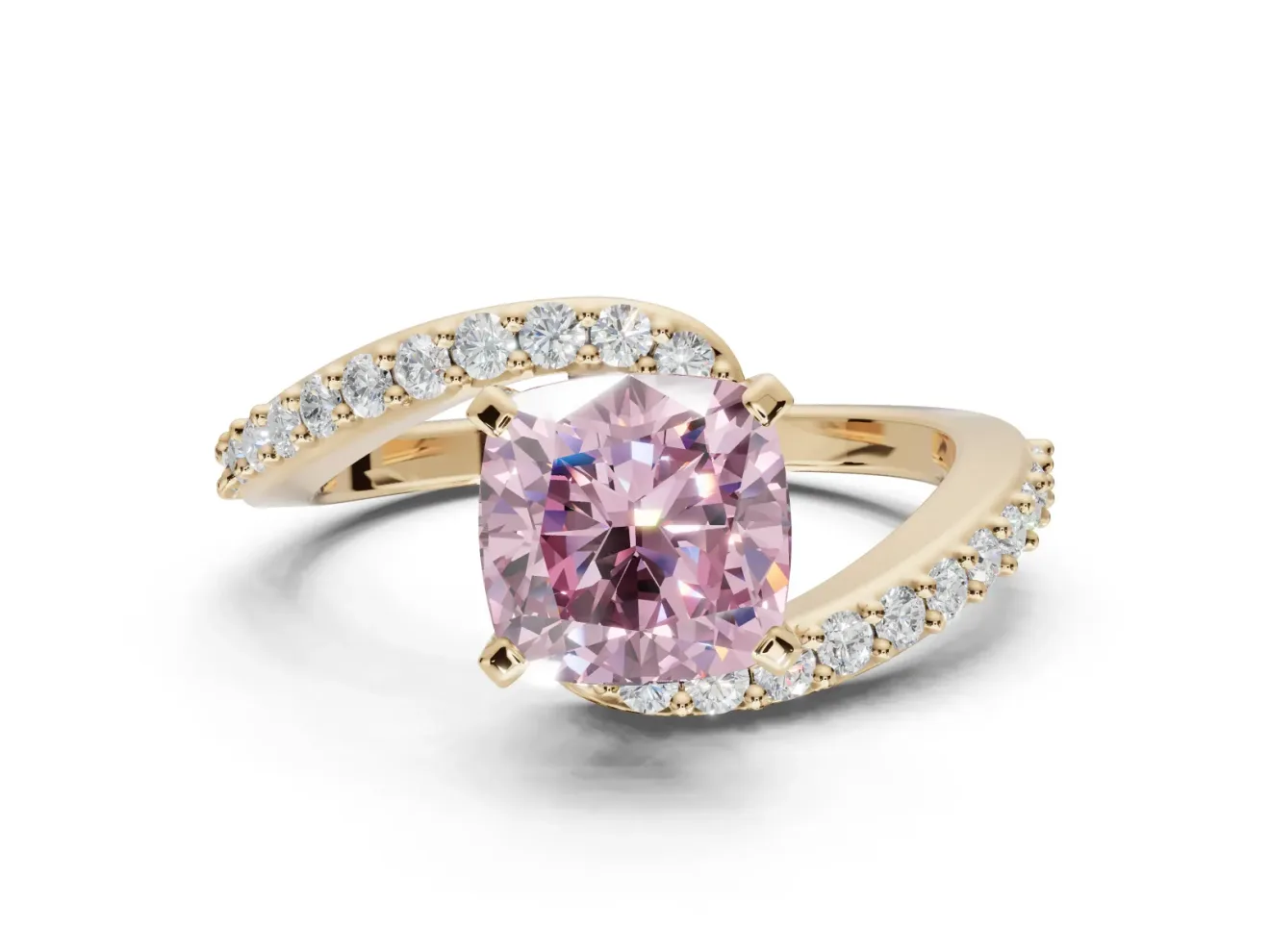 Cushion Cut Bypass Pavé Engagement Ring Setting for a Fancy Pink Lab-Grown Diamond | Yellow Gold
