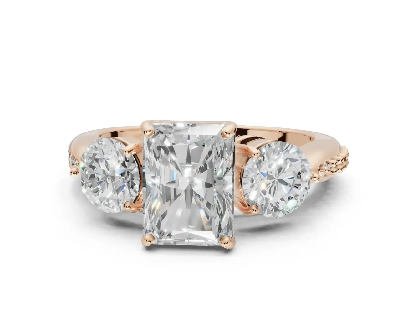 Radiant Cut Three Stone Engagement Ring Setting | Tapered Pave Band | Rose Gold