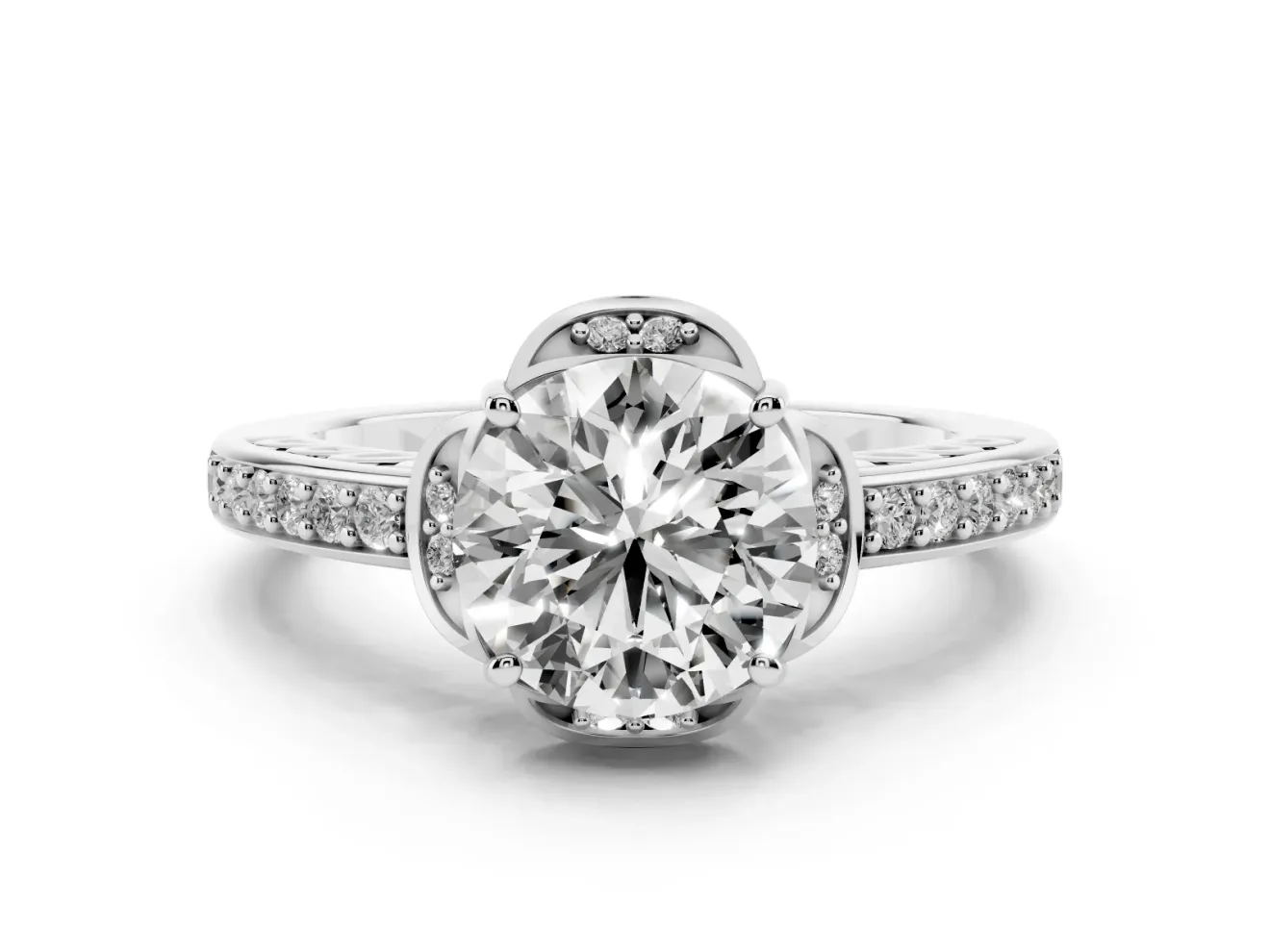 Round Floral Pavé Engagement Ring Setting | Petal Accents | Platinum
