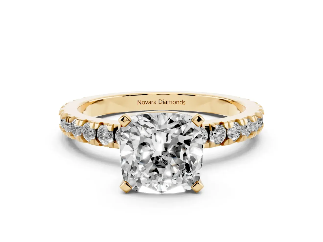 Cushion Cut Shared Prong Solitaire Engagement Ring Setting | Pavé Band | Yellow Gold