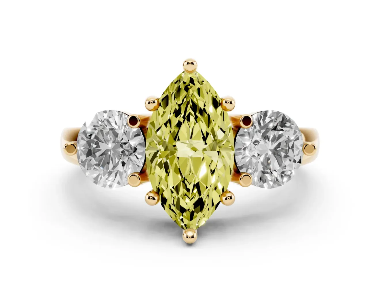 Fancy Yellow Marquise Cut Diamond Three-Stone Ring Set in Yellow gold with Prong Setting and Classic Band